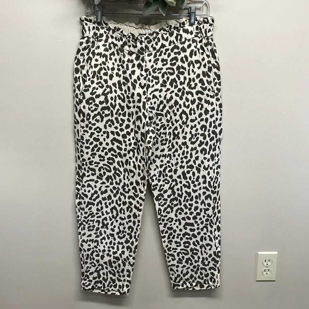 J. Crew Ruffle Waist Linen Blend Leopard Pants 6